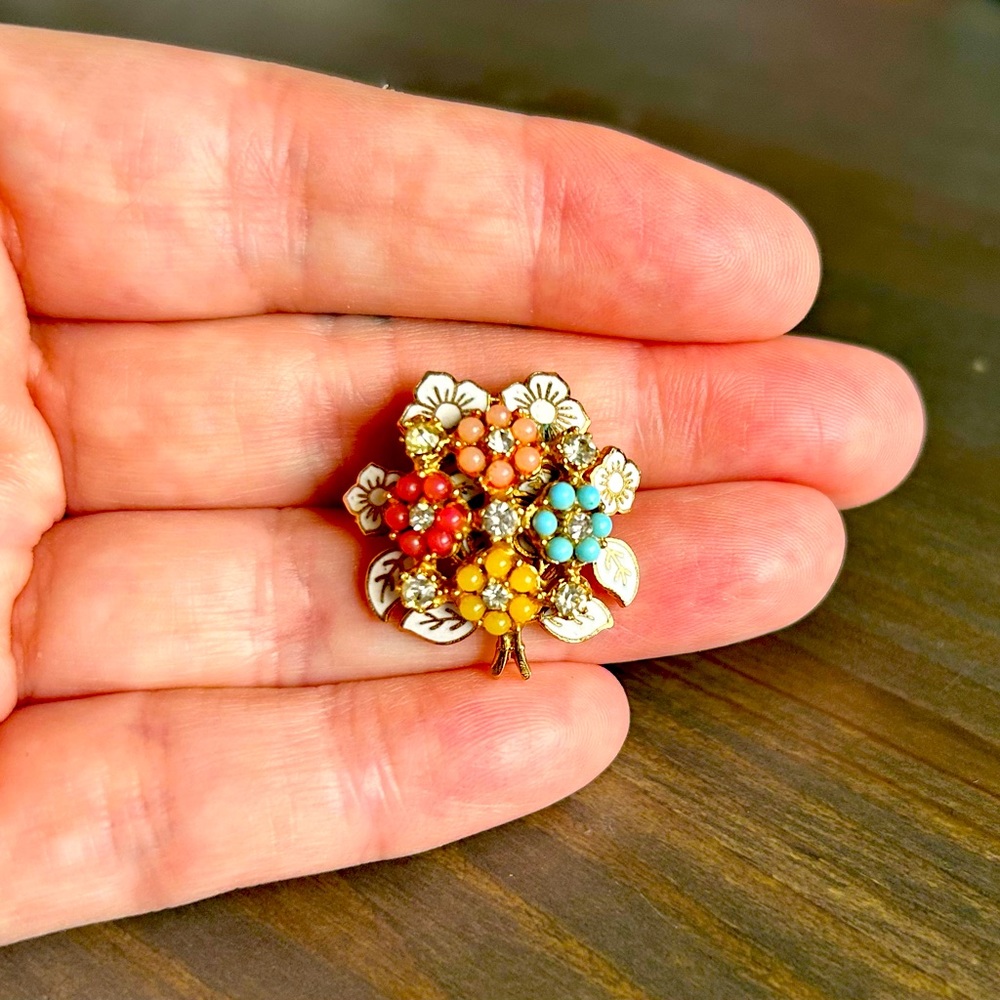 Vintage floral brooch with enamel, beads, and rhinestones
